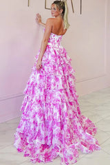 Pink Floral Printed Ruffle Tiered Long Prom Dresses with Slit