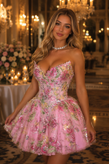 Pink Floral Strapless Glitter Homecoming Mini Dress with Sweetheart Neckline