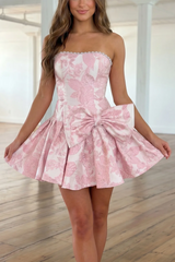 Pink Jacquard Strapless A-Line Empire-Waist Short Homecoming Dress with Bow