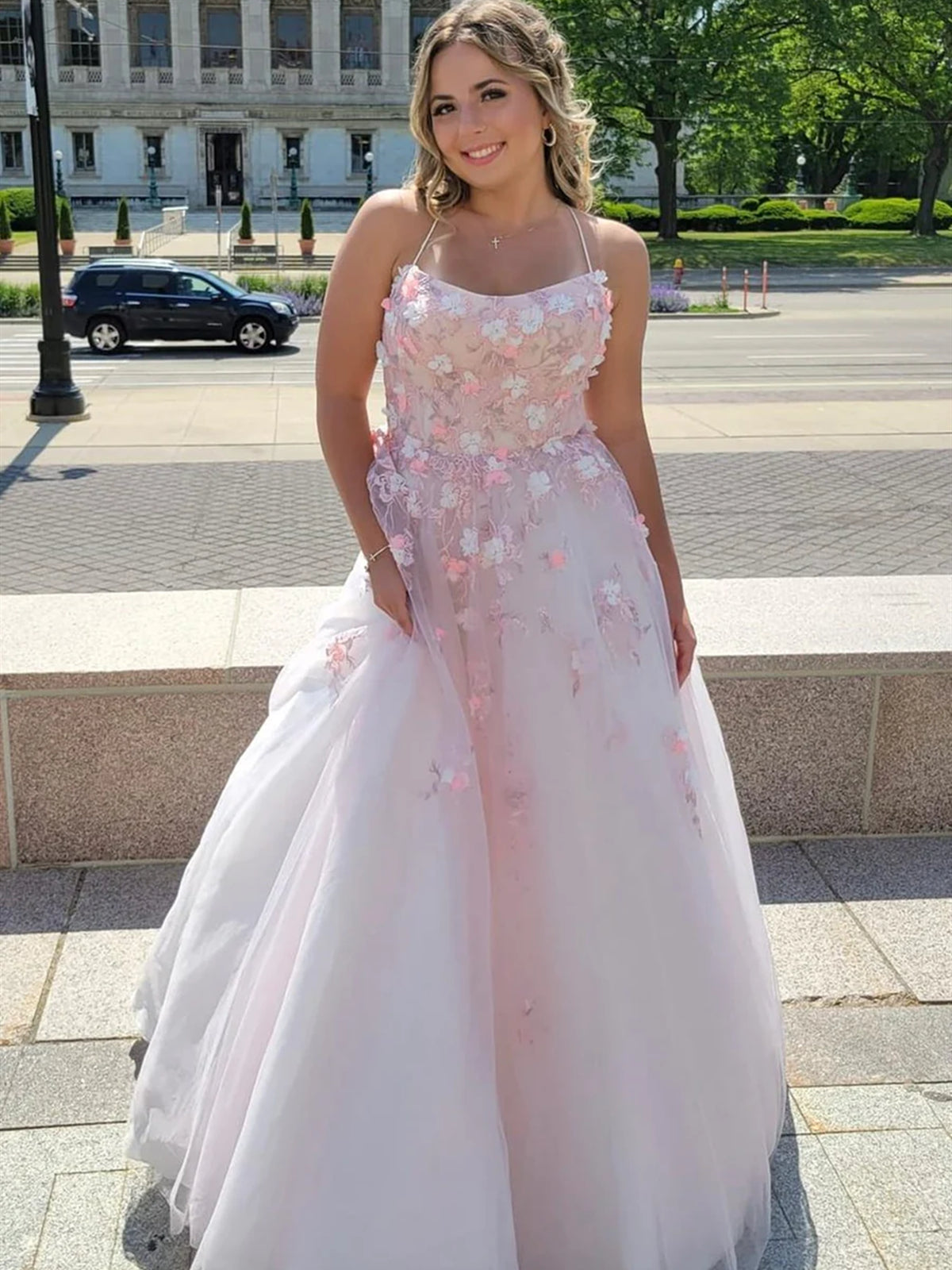 Pink Lace Floral Backless Prom Dresses, Open Back Pink Lace Floral Long Formal Evening Dresses