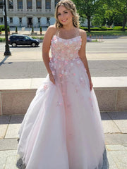 Pink Lace Floral Backless Prom Dresses, Open Back Pink Lace Floral Long Formal Evening Dresses