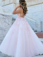 Pink Lace Floral Backless Prom Dresses, Open Back Pink Lace Floral Long Formal Evening Dresses