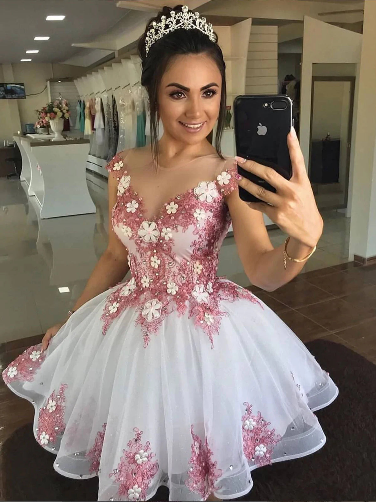 Pink Lace Short White Prom Dresses, Short White Pink Lace Formal Homecoming Dresses