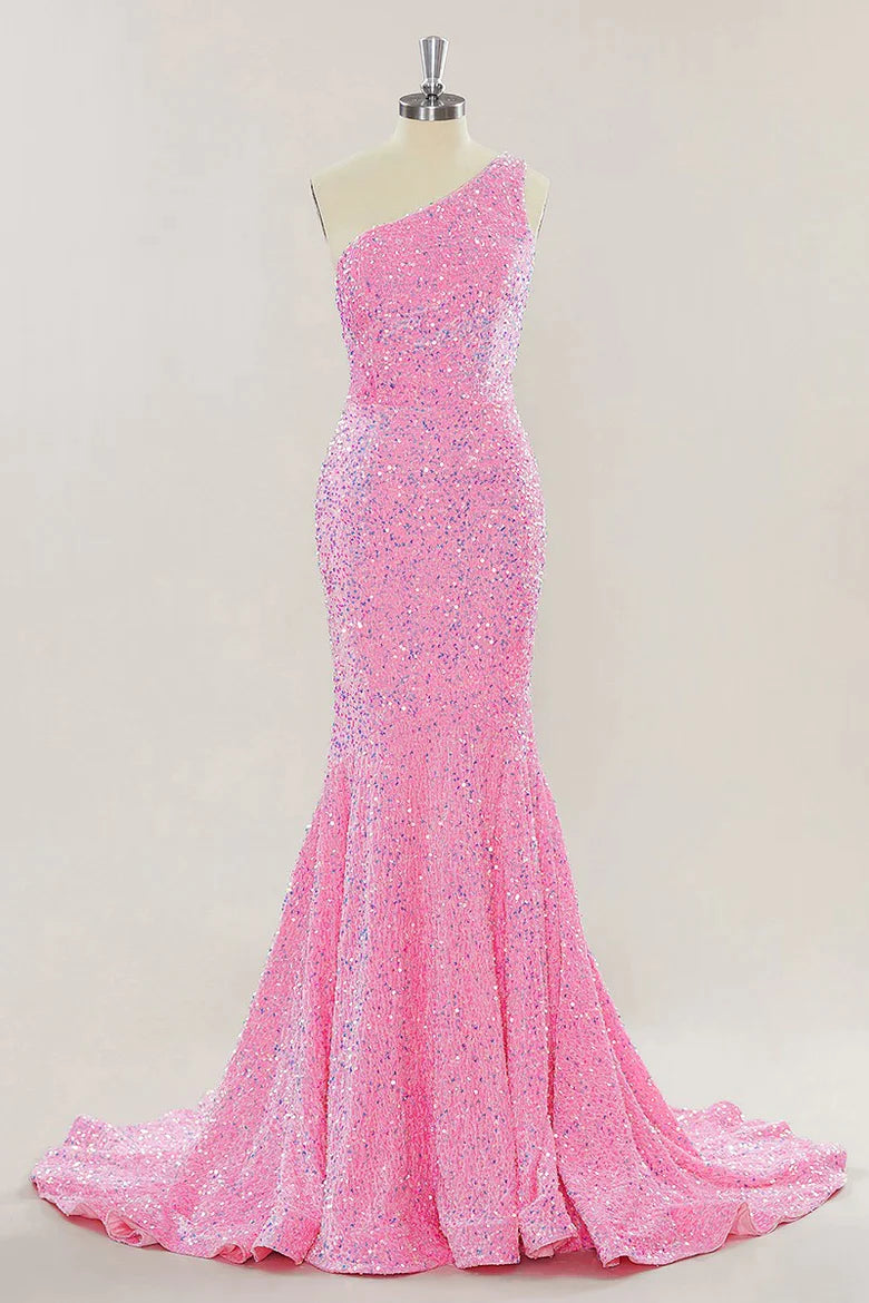 Pink Long Prom Dresses One Shoulder Sequins Formal Gown Mermaid