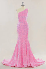Pink Long Prom Dresses One Shoulder Sequins Formal Gown Mermaid