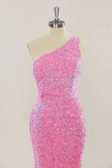 Pink Long Prom Dresses One Shoulder Sequins Formal Gown Mermaid