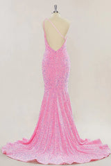 Pink Long Prom Dresses One Shoulder Sequins Formal Gown Mermaid