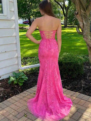 Pink Mermaid Lace Prom Dresses, Pink Mermaid Lace Formal Graduation Dresses