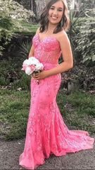 Pink Mermaid Lace Prom Dresses, Pink Mermaid Lace Formal Graduation Dresses