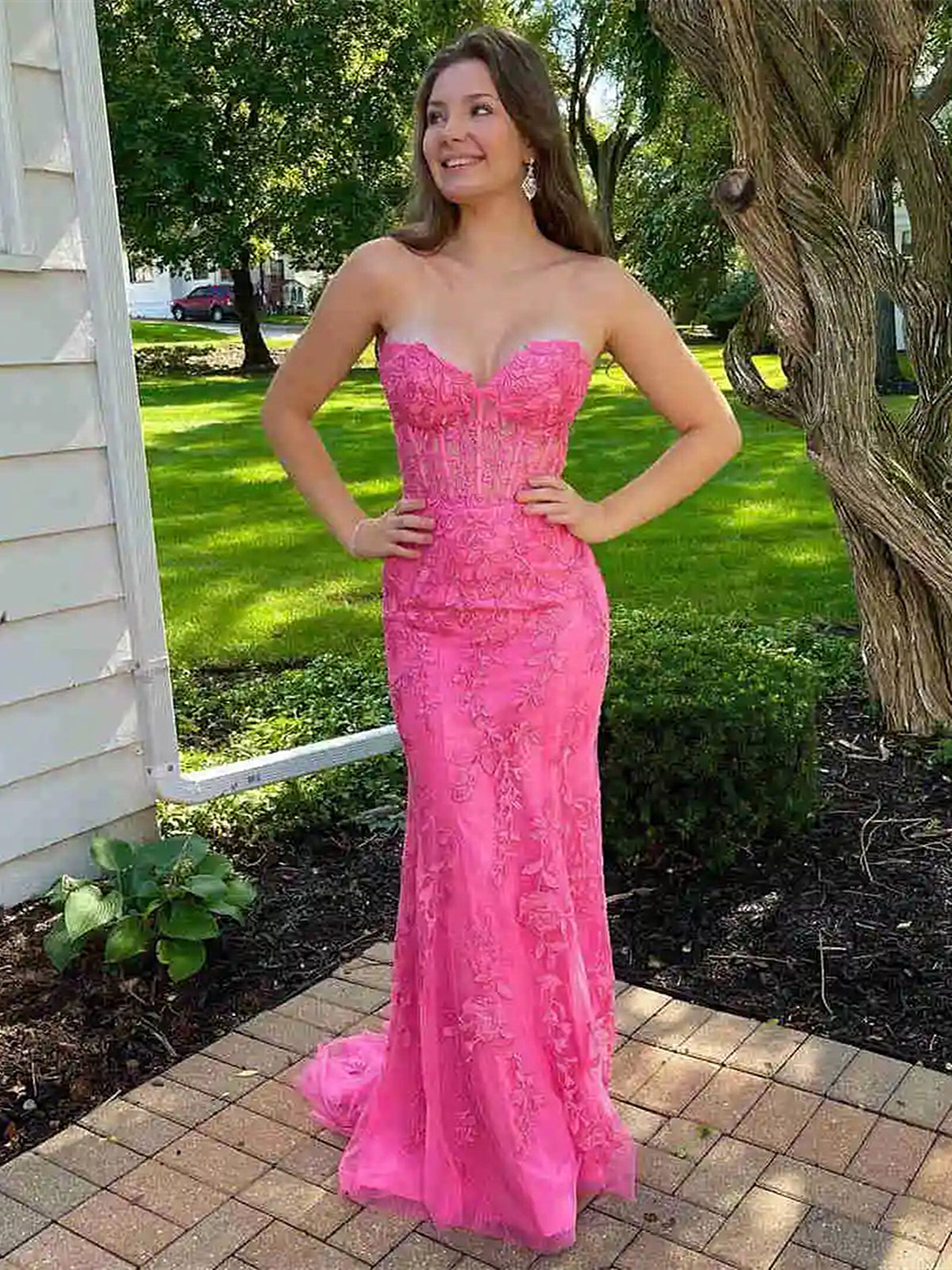 Pink Mermaid Lace Prom Dresses, Pink Mermaid Lace Formal Graduation Dresses
