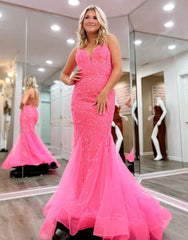 Wholesale Pink Mermaid V-Neck Corset Back Long Lace Prom Dress prom dresses shops