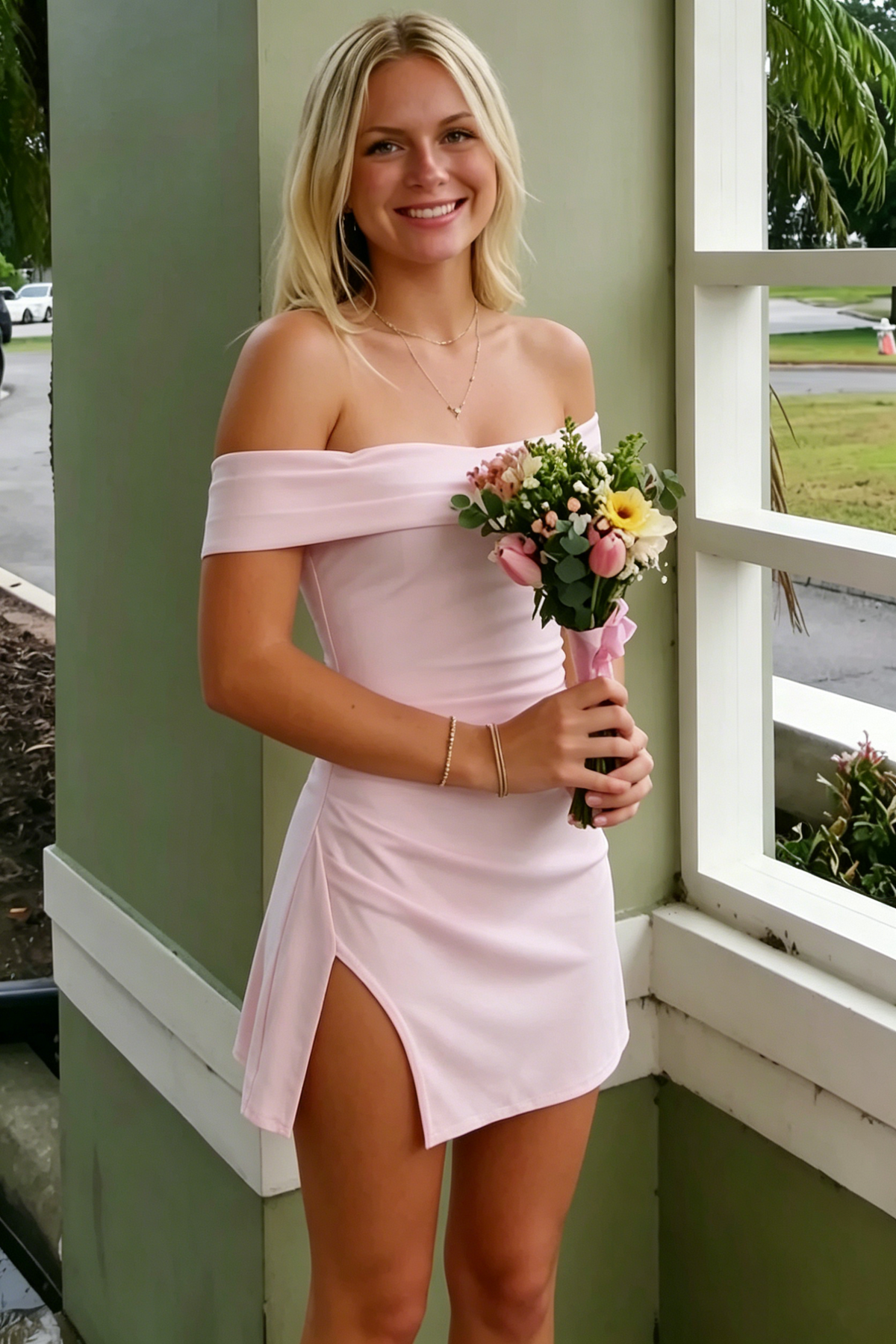 Pink Off-Shoulder Satin Pleats Bodycon Short Homecoming Dress with Slit