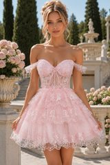Pink Off-the-Shoulder Lace Corset Homecoming Dress with Embroidered Tulle