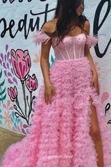 Pink Off The Shoulder Ruffles Tulle With Feather Stunning Prom Dresses, CP1096