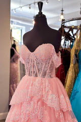 Pink Off the Shoulder Princess Ruffled Long Prom Dress with Appliques
