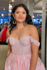 Pink Off the Shoulder Princess Ruffled Long Prom Dress with Appliques