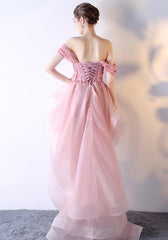 Pink Organza Off Shoulder Layers High Low Lace Party Dress, Pink Homecoming Dress