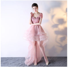 Pink Organza Off Shoulder Layers High Low Lace Party Dress, Pink Homecoming Dress