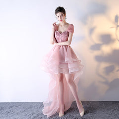 Pink Organza Off Shoulder Layers High Low Lace Party Dress, Pink Homecoming Dress