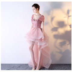 Pink Organza Off Shoulder Layers High Low Lace Party Dress, Pink Homecoming Dress