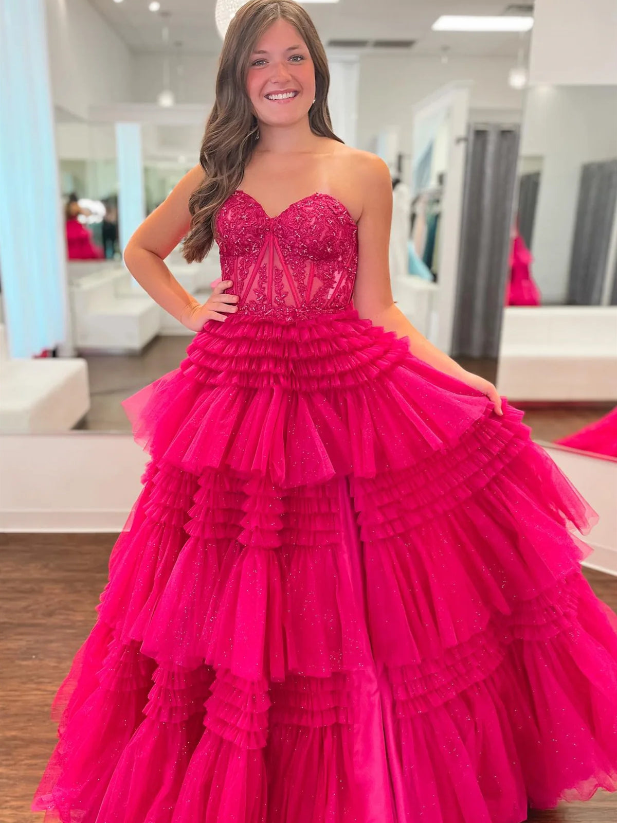 Pink Red Blue Purple Black Lace Prom Dresses, Layered Long Lace Formal Evening Dresses
