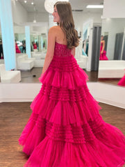 Pink Red Blue Purple Black Lace Prom Dresses, Layered Long Lace Formal Evening Dresses