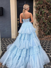 Pink Red Blue Purple Black Lace Prom Dresses, Layered Long Lace Formal Evening Dresses