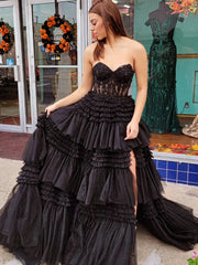 Pink Red Blue Purple Black Lace Prom Dresses, Layered Long Lace Formal Evening Dresses