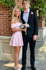 Pink Satin Off-Shoulder A-Line Pleats Short Party Homecoming Dress