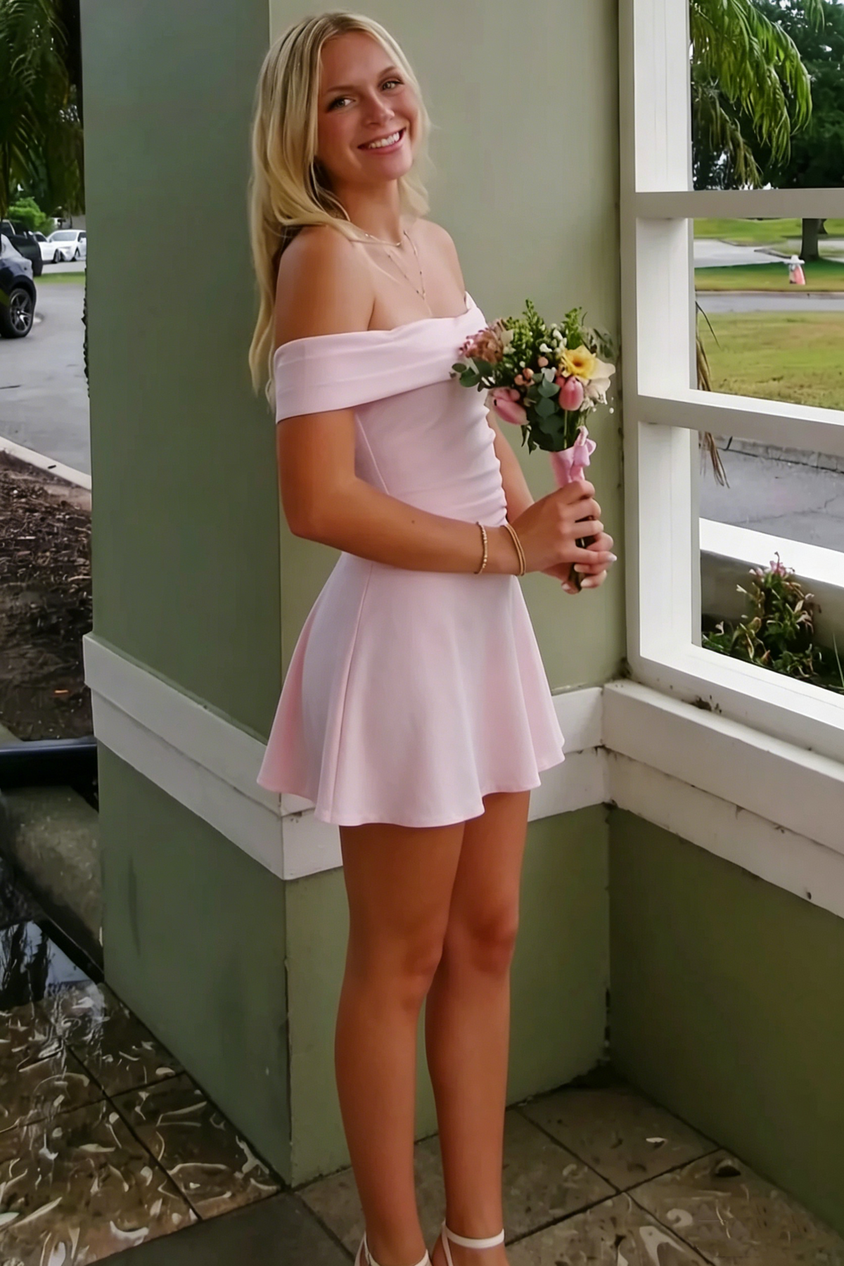 Pink Satin Off-Shoulder A-Line Pleats Short Party Homecoming Dress