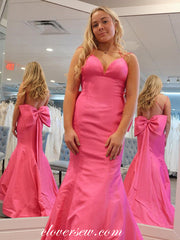 Pink Satin Spaghetti Strap Backless With Big Bowknot Mermaid Prom Dresses, CP1124
