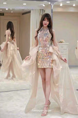 Pink Sequin Beaded Detachable Train Short Homecoming Dresses CH0040