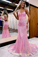 Pink Sequin Fashion Mermaid Sleeveless Shiny Prom Dresses, CP0898