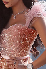 Pink Sequin Feather Strap Sweetheart Shiny Homecoming Dresses, CH0038