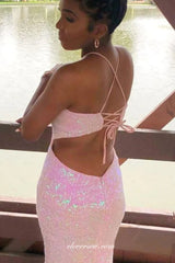 Pink Sequin Halter Open Back Mermaid Shiny Charming Prom Dresses, CP1113