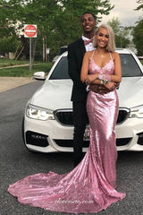 Pink Sequin Lace Applque Halter Backless Mermaid Sparkly Prom Dresses, CP1031