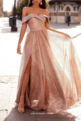 Pink Sequined Tulle Off The Shoulder Elegant Shiny Prom Dresses, CP0789