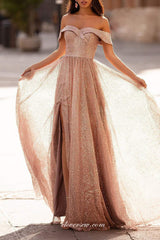 Pink Sequined Tulle Off The Shoulder Elegant Shiny Prom Dresses, CP0789