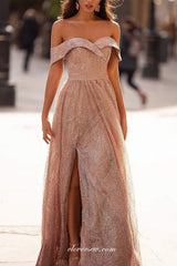 Pink Sequined Tulle Off The Shoulder Elegant Shiny Prom Dresses, CP0789