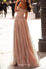 Pink Sequined Tulle Off The Shoulder Elegant Shiny Prom Dresses, CP0789