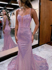 Pink Sequins Evening Dresses UK Mermaid Long Formal Gowns