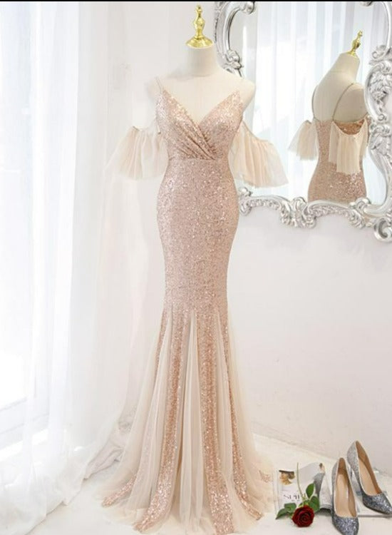 Sequins and Tulle Mermaid Long Party Dress Prom Dress, Off Shoulder Formal Dresses