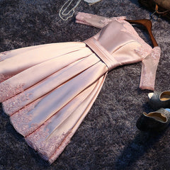 Pink Short Satin with Lace Round Neckline Wedding Party Dresses, Pink Cute Homecoming Dress