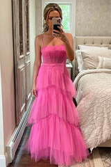 Hot Pink Straps Tiered A-Line Long Prom Dress