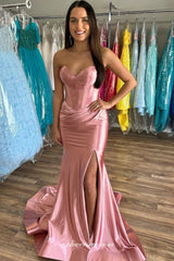 Pink Strapless Pleating Shiny Satin Mermaid With Slit Prom Dresses, CP1038