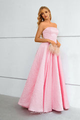 Pink Strapless Printed Satin A-line Fashion Prom Dresses, CP0909