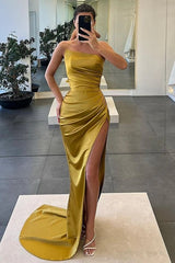 Pink Strapless Satin Mermaid Sleeveless Long Prom Dress with High Slit