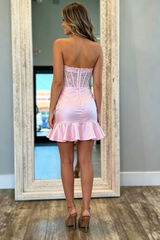 Pink Strapless Scoop Neck Appliques Pleats Short Homecoming Dress with Slit