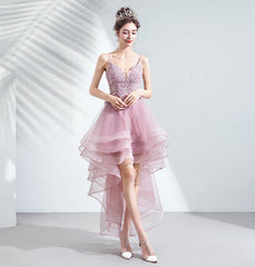 Pink Straps High Low V-neckline Tulle Lace and Beaded Prom Dress, Pink Homecoming Dress
