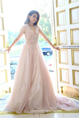 Pink Tulle 3D Appliques V-neck A-line Prom Dresses, CP0687
